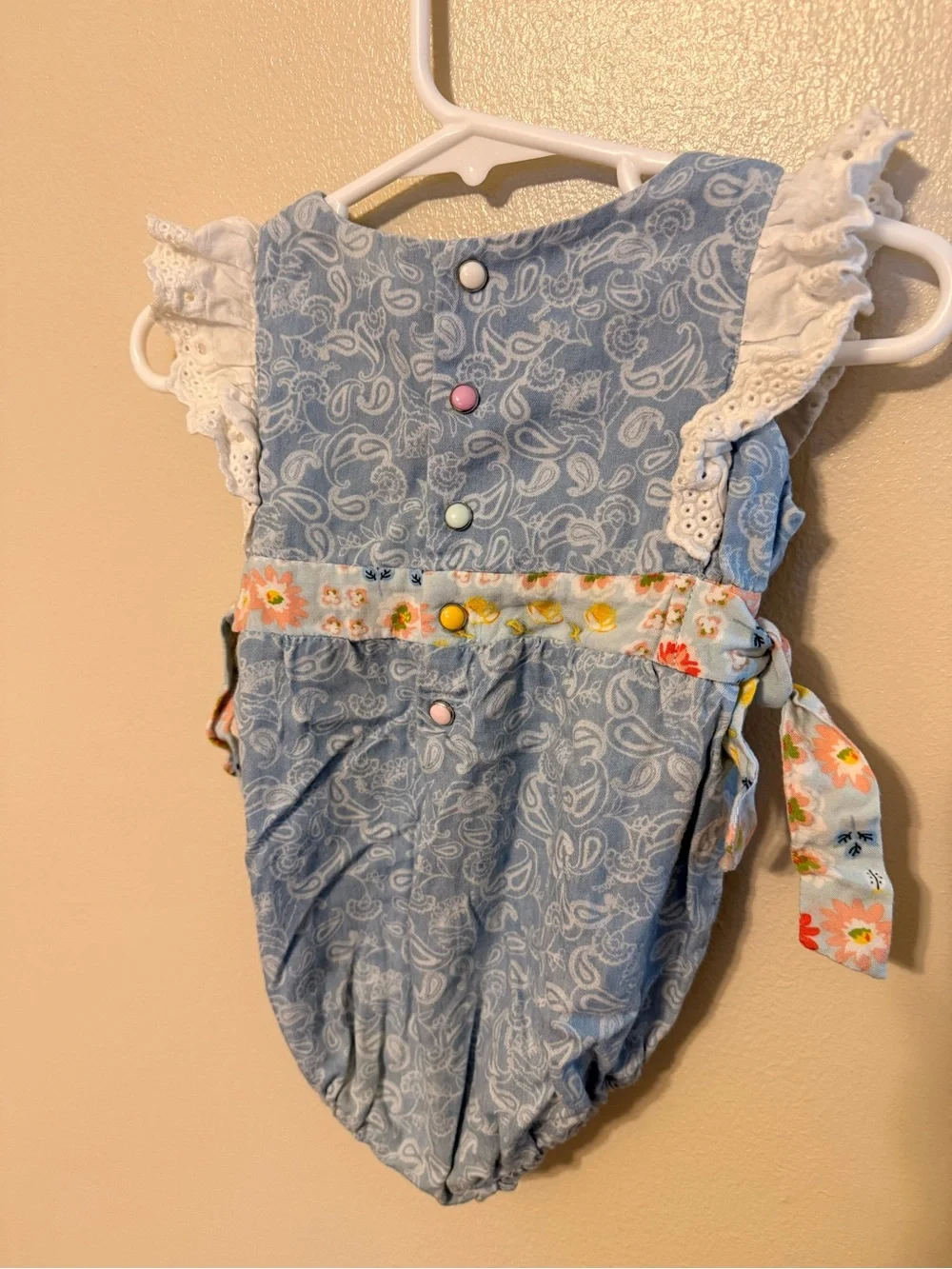 Matilda Jane 3-6M Blue Paisley Bubble Romper Eyelet Ruffle Floral Bows